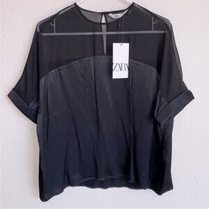 Zara Silky Black Short Cuffed Sleeve Blouse